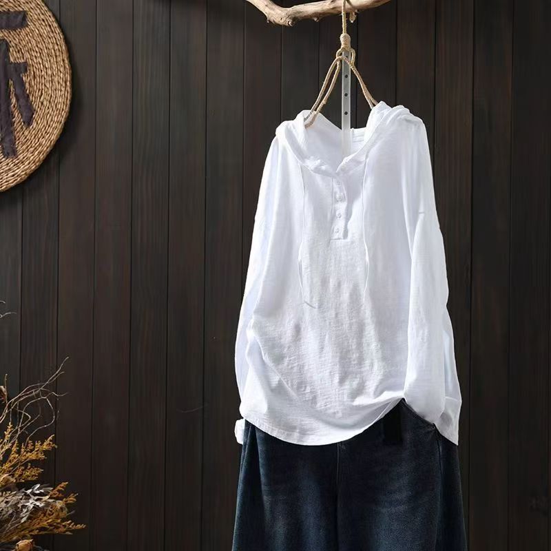 Autumn Long-Sleeved Hooded Sports-Style Casual Sweat-Wicking T-Shirt Made of Slub Cotton, Fashionable and Versatile Solid Color Hoodie Base Layer Top