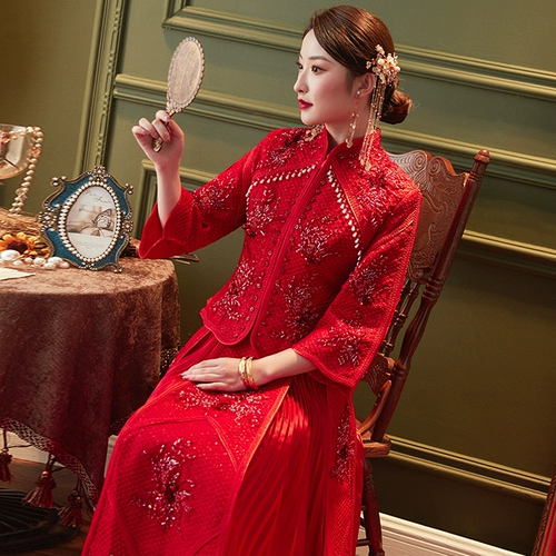 Красный традиционный свадебный наряд Сюхэ, свадебное платье, 2020, китайский стиль, коллекция 2021