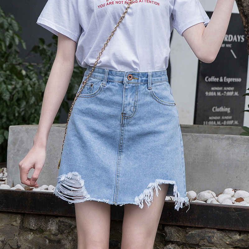芊蓉2018夏季短裙新款牛仔裙A字半身裙个性磨