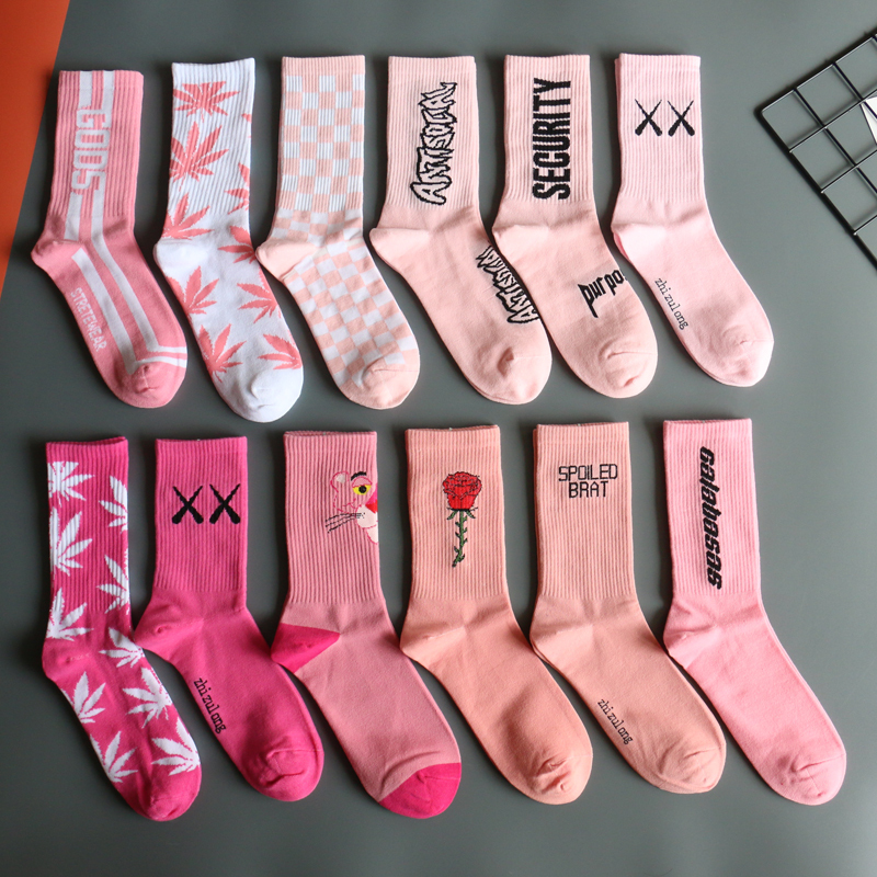 Pink Socks for Men and Women, Mid-Calf Length, ins Trendy New Style, Super Popular Street Hip-Hop Personality Letter Long Sports Socks for Spring