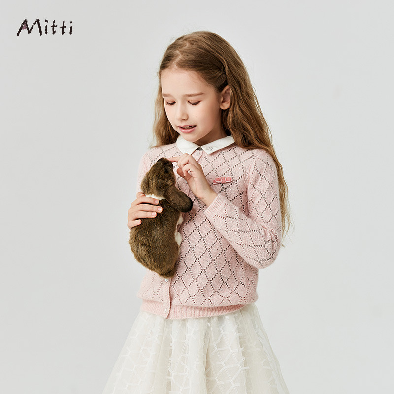 Mitti Children's Clothing Autumn New Classic wool cardigan Beaded yarn Wool blend plaid sweater jacket Girls