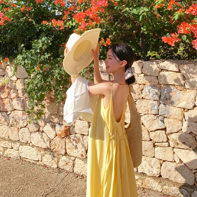 Yellow Spaghetti Strap Dress, Loose Backless Sexy Long Dress, Vacation Sanya Seaside Beach Dress, Yunnan Travel Photo Shoot