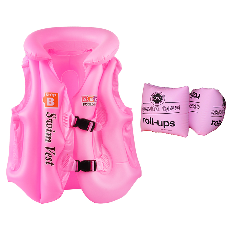 Pink + Arm Ring & 2-Piece SetXinhang   children life jacket   buoyancy inflation vest   child Swimsuit Drowning prevention Vest   Beginner Swimming equipment