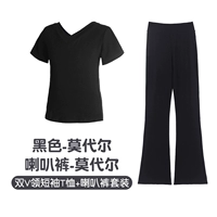 Черный комплект, штаны-клёш, короткий рукав, V-образный вырез