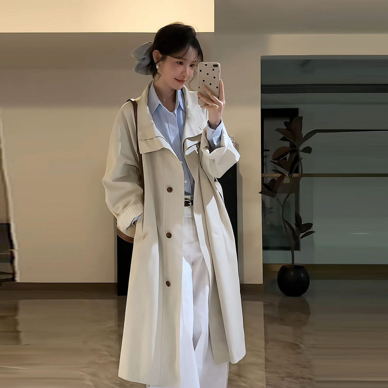 Korean Style Off-White Trench Coat for Women, 2026 Spring New Model, Very Stylish, Plus Size, Trendy Mid-Length Coat