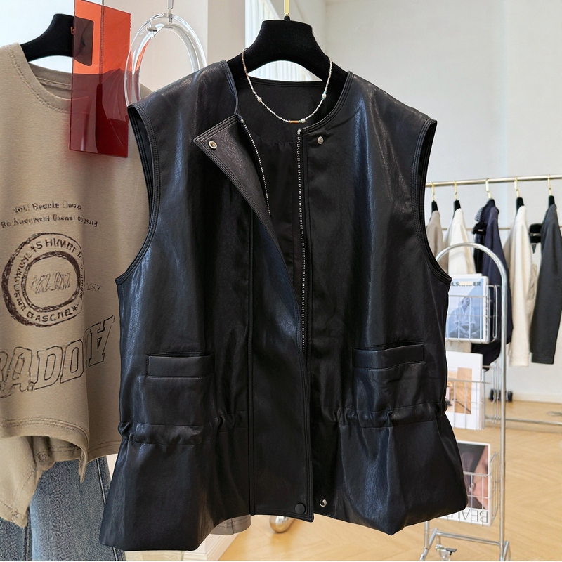 European Style Plus-Size Black Leather Vest for Women, 2026 Spring New Model, High-End Round Neck Sleeveless Versatile Vest Jacket