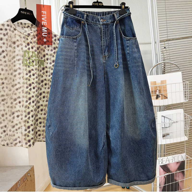 Vintage Lace-Up Denim Wide-Leg Pants for Women, 2026 Autumn New Style, Plus Size, High-Waisted, Versatile Design, Cropped Scimitar Pants Vintage Lace-Up Denim Wide-Leg Pants for Women, 2026 Autumn New Style, Plus Size, High-Waisted, Versatile Design, Cropped Scimitar Pants