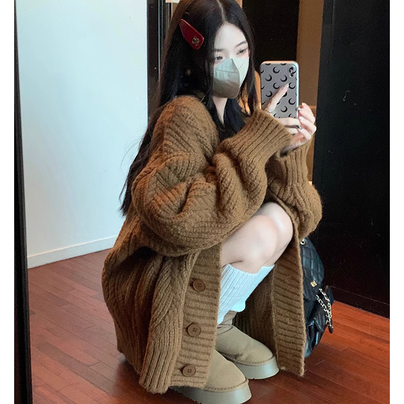 Thick Brown Sweater Coat for Women, Autumn and Winter, Loose, Lazy Style, Retro Twist Knit Cardigan Top