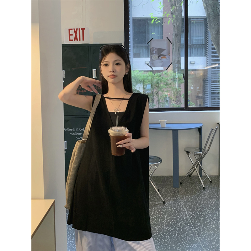 Korean-Style High-End Black Ramie Shirt for Women, Summer Design, Niche, Reversible, Mid-Length Sleeveless Top