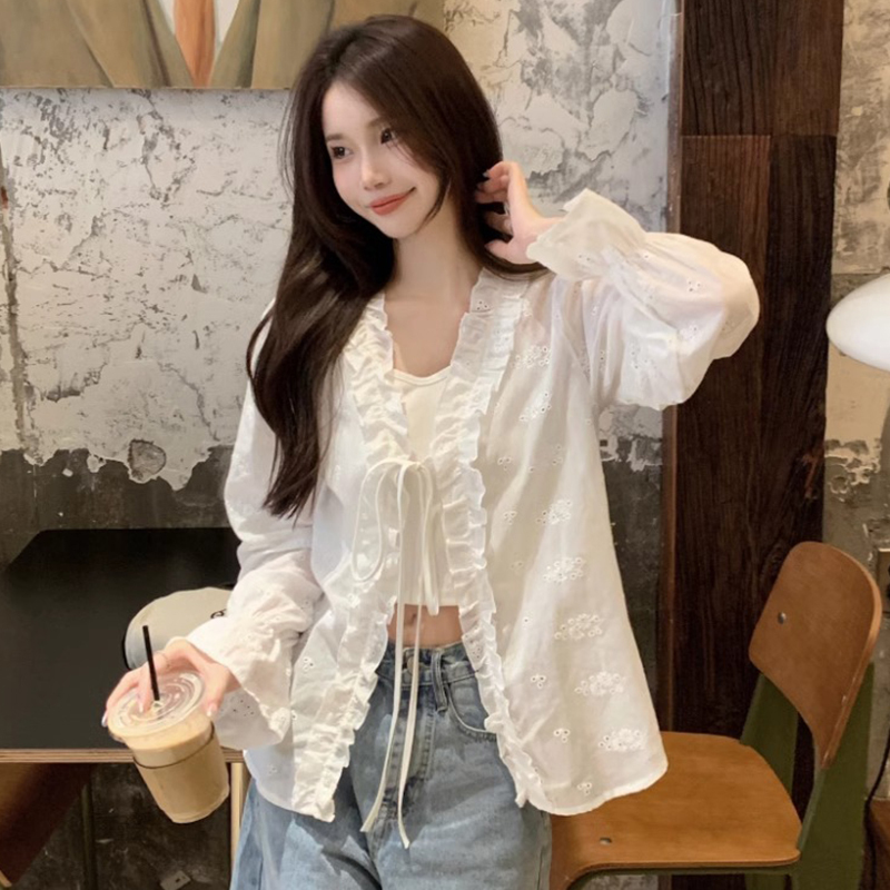 Korean Style Ruffled Lace-Up Sun Protection Shirt for Women, Camisole Outerwear with V-Neck Hollow-Out Jacket, French Lace Shirt for Summer