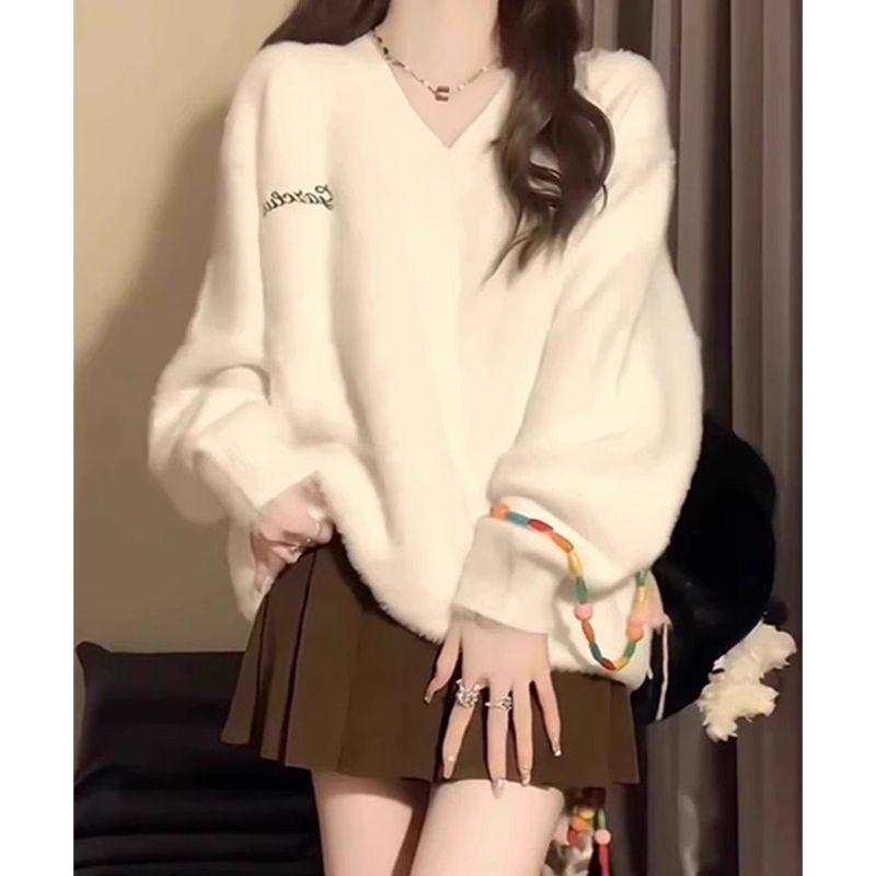 White V-Neck Mink Cashmere Sweater for Women, Autumn and Winter, Soft and Loose, Lazy Mohair Knit Top, Trendy White V-Neck Mink Cashmere Sweater for Women, Autumn and Winter, Soft and Loose, Lazy Mohair Knit Top, Trendy