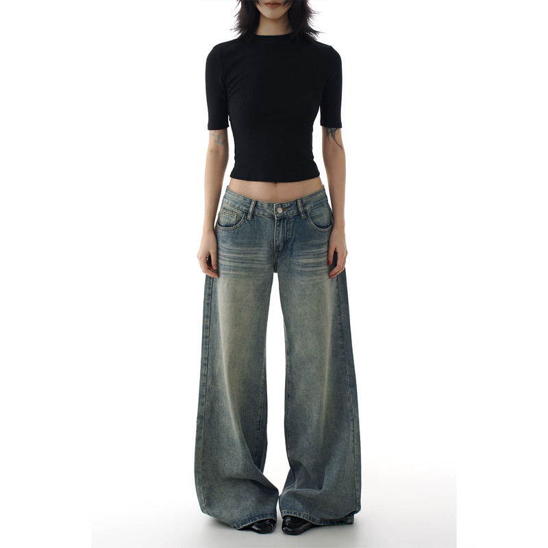 Agua American Retro Washed Crease Wide-Leg Flared Jeans for Women, Low-Waisted, Slimming, Loose Straight-Leg Floor-Length Pants