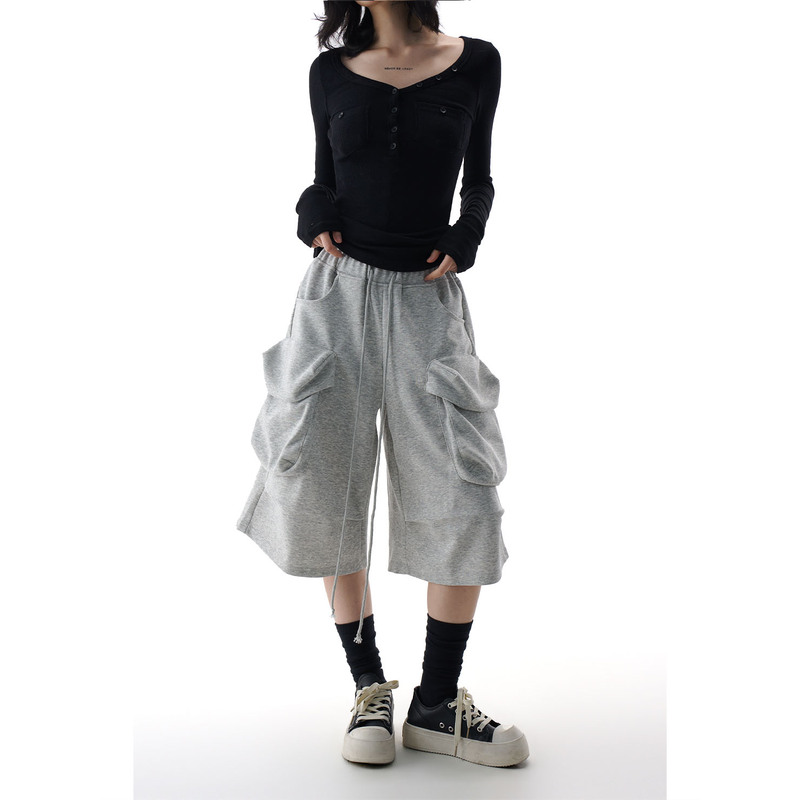 Agua Gray Sports Shorts for Women 2026 Spring and Summer Large Pocket Loose Running Casual Capri Pants Sweatpants Mid-Length Pants