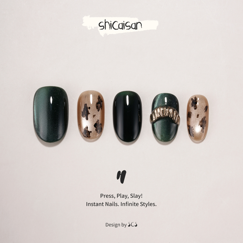Ten Colors Three【Charleston】Handmade Wearable Nails 2026 Niche Short Style High-End Emerald Green Temperament Cat Eye