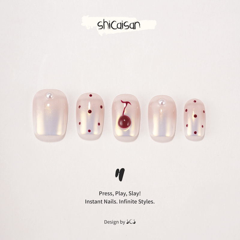 Ten Colors Three【Cherry Polka Dot】Handmade Wearable Nails 2026 Short Style High-End Whitening Cherry Laser Gradient