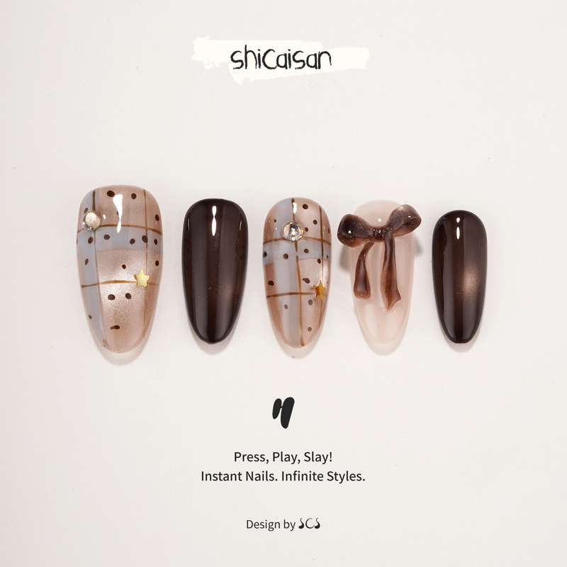 Ten Colors Three【Coco Knot】Handmade Wearable Nails Long Style 2026 Korean Retro College Style Cat Eye Nail Art Ten Colors Three【Coco Knot】Handmade Wearable Nails Long Style 2026 Korean Retro College Style Cat Eye Nail Art