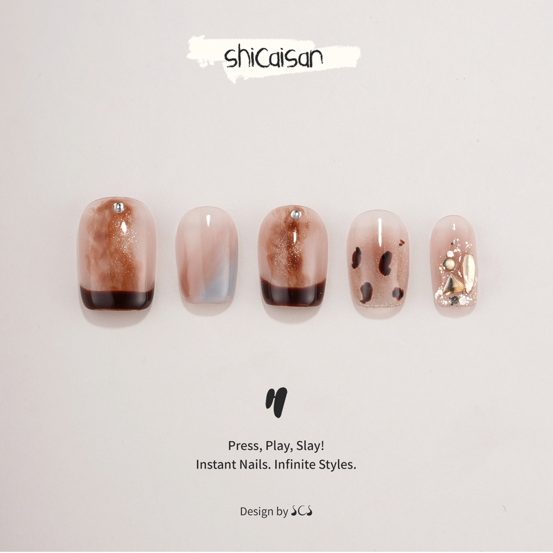 Ten Colors Three【Gilded Cocoa】Purely Handmade Wearable Nails 2026 High-End Short Style Spring Leopard Print Fine Glitter Gradient