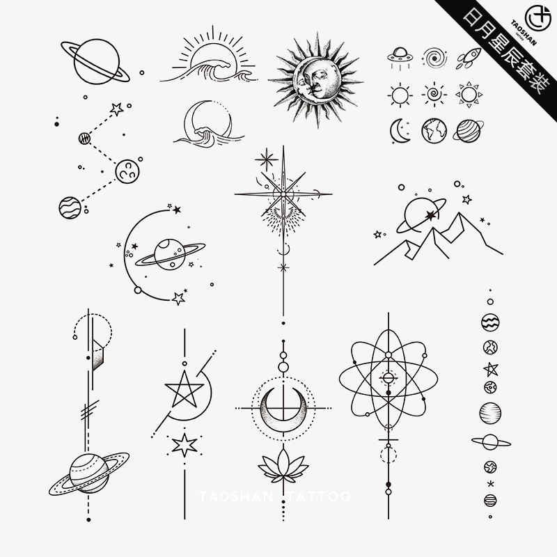 Momoyama Tattoo Sun, Moon, and Stars ins Simple Dark Black and White Collarbone Tattoo Sticker with Sun and Moon Waterproof Design
