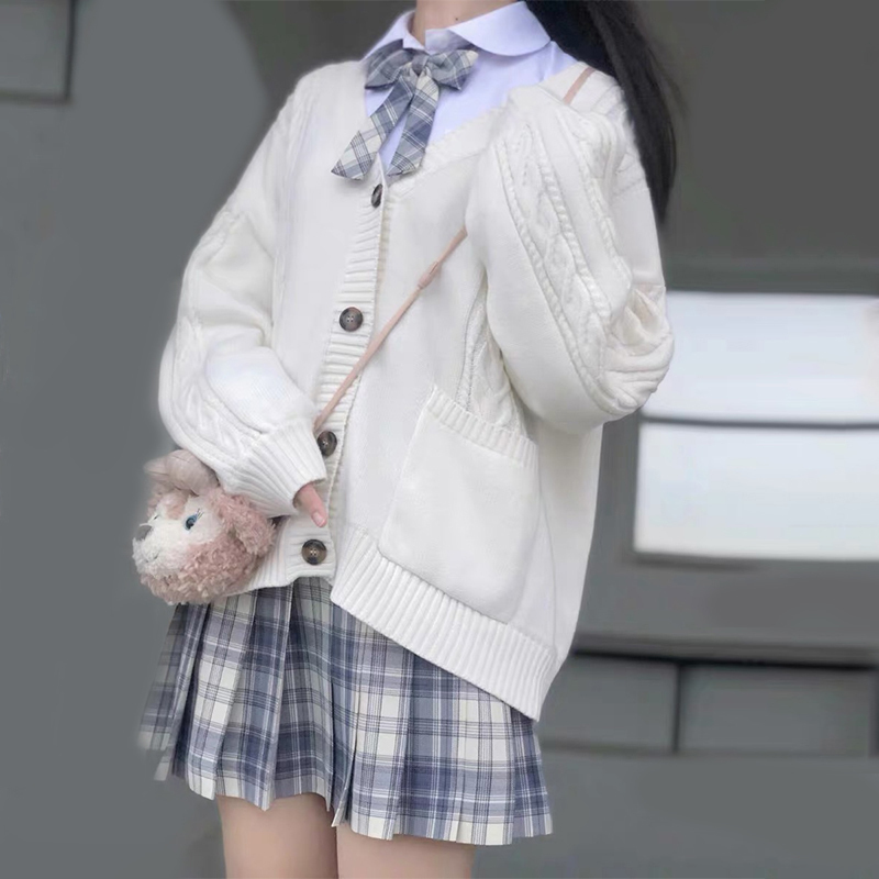 【Geng Dou Story】Jk Uniform Sweater Japanese Style Student Loose Twist Knit Pure Cotton Cardigan Jacket for Women