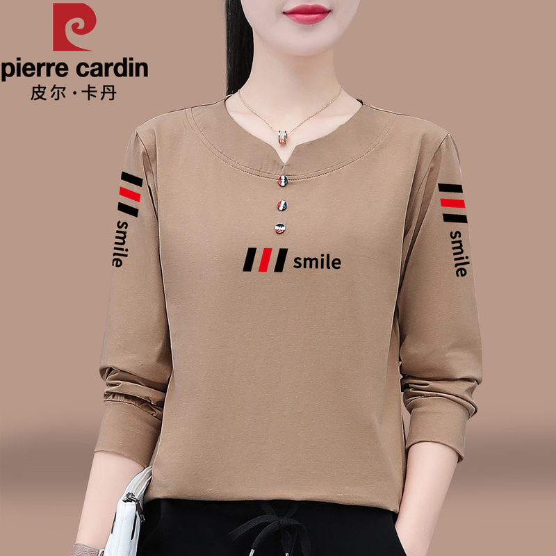Pierre Cardin Women's Pure Cotton Long-Sleeved T-Shirt 2026 New Spring and Autumn Age-Reducing Base Shirt with Fleece Casual Top