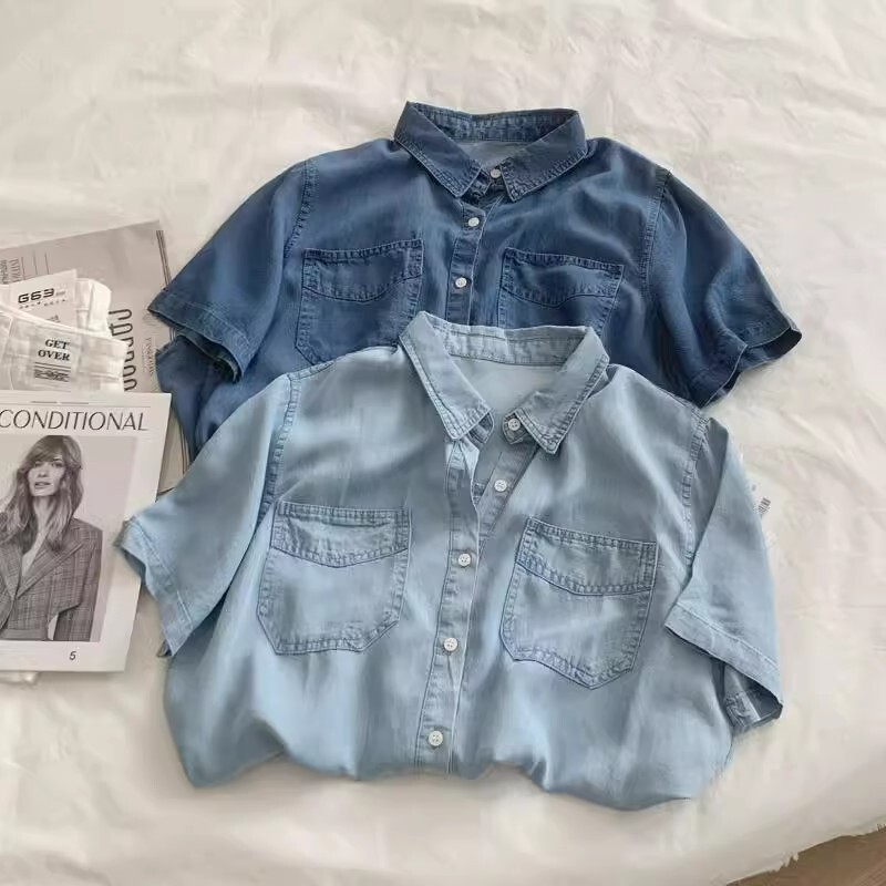 Summer Thin Tencel Denim Short-Sleeved Shirt for Men and Women 150kg Large Size Japanese Preppy Style Polo Shirt Top Trendy Summer Thin Tencel Denim Short-Sleeved Shirt for Men and Women 150kg Large Size Japanese Preppy Style Polo Shirt Top Trendy