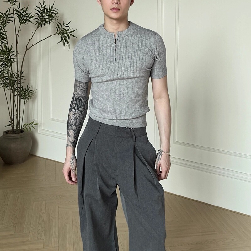 Palepure Knitted Short-Sleeve Summer Top with a Small Neckline, Zipper, Slim Fit, Anti-Pilling, Crew Neck Men's T-Shirt Palepure Knitted Short-Sleeve Summer Top with a Small Neckline, Zipper, Slim Fit, Anti-Pilling, Crew Neck Men's T-Shirt