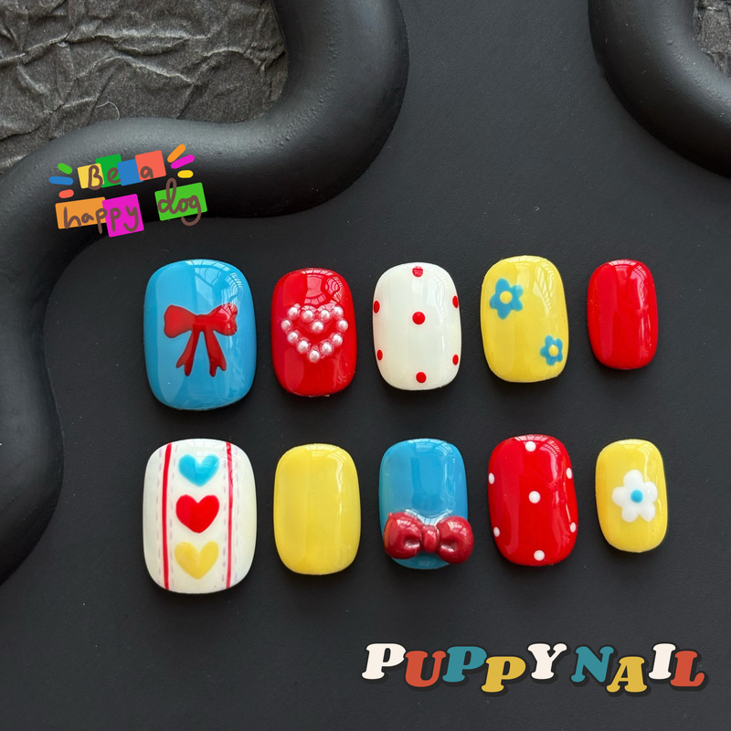 Fugitive Princess Bowknot Heart Hand-Painted Cute Nail Art New Year Christmas American Style Wearable Nails Red Blue Hong Kong Style Retro