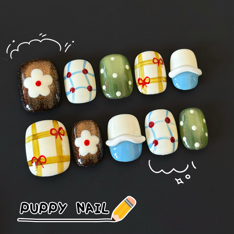 Plaid Bow Hand-Painted Wearable Nails Autumn and Winter Short Manicure Polka Dot Plaid Melard Autumn Retro Christmas Plaid Bow Hand-Painted Wearable Nails Autumn and Winter Short Manicure Polka Dot Plaid Melard Autumn Retro Christmas