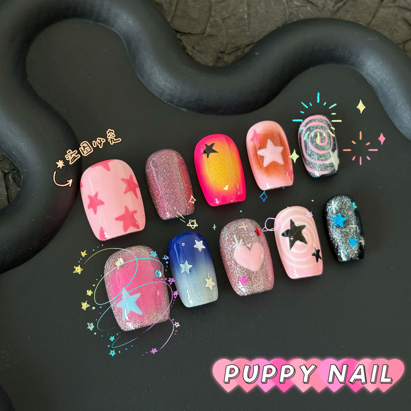 Puppy Black Pink Star Hand-Painted Press-On Nails Y2K Spicy Girl Sweet Cool Concert Nail Art Dark Girl Style Dopamine