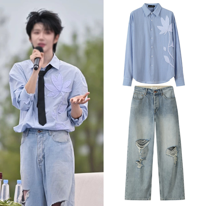 Pupu Style Blue and White Striped Three-Dimensional Floral Shirt for Women, Summer Washed Ripped Straight-Leg Jeans Set
