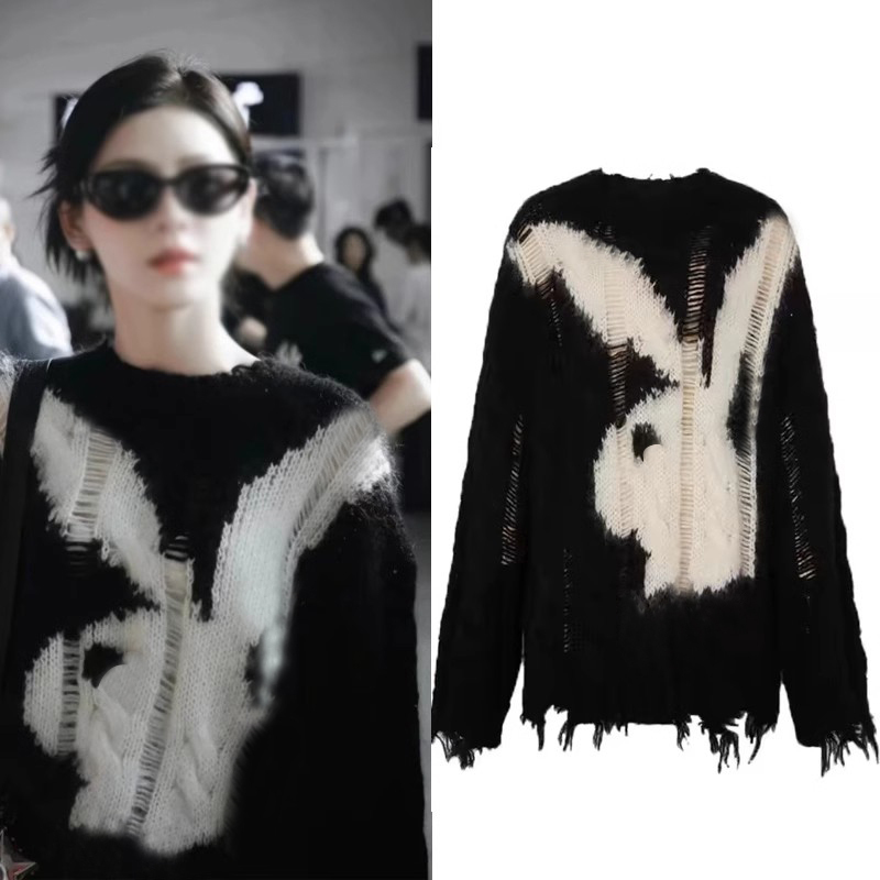 Zhang Yuxi Style Black Cartoon Rabbit Jacquard Sweater for Women, Winter Lazy Style, Loose and Versatile Knitted Top, Trendy Zhang Yuxi Style Black Cartoon Rabbit Jacquard Sweater for Women, Winter Lazy Style, Loose and Versatile Knitted Top, Trendy