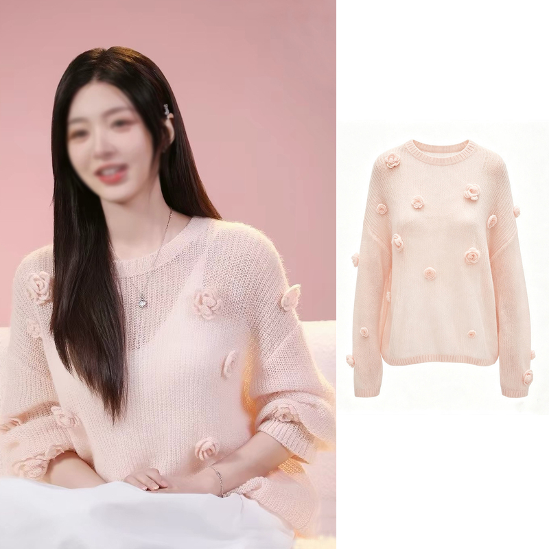 Semi-Mature Lovers Liu Liu's Same Style Light Pink Three-Dimensional Hand-Crocheted Floral Knit Sweater for Women, Autumn Round Neck, Gentle and Age-Reducing Sweater Semi-Mature Lovers Liu Liu's Same Style Light Pink Three-Dimensional Hand-Crocheted Floral Knit Sweater for Women, Autumn Round Neck, Gentle and Age-Reducing Sweater