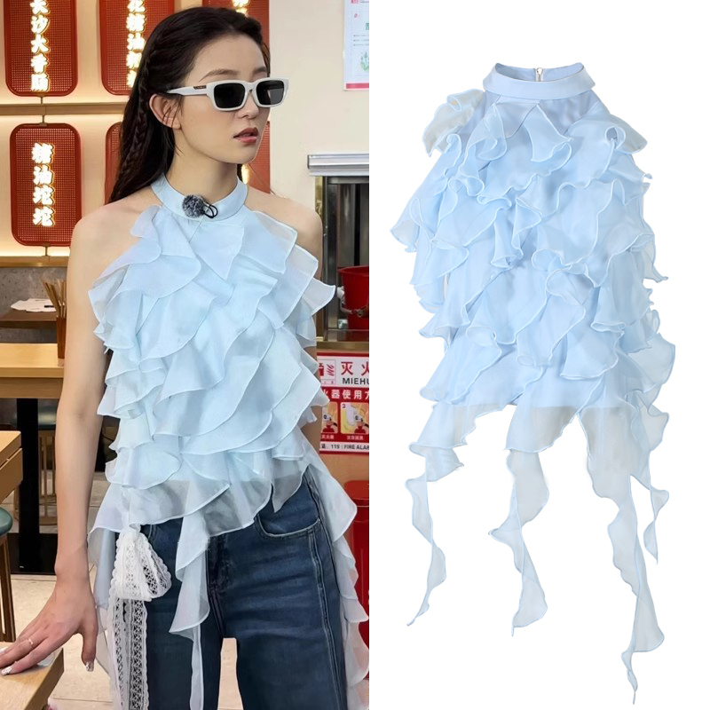Sister Luo Yutong's Same Style Blue Irregular Halter Neck Camisole for Women, Summer Sweet Ruffled Sleeveless Top