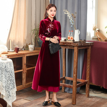 Red golden velvet cheongsam high-grade elegant 2020 autumn and winter womens new mother dress Chinese vintage dress