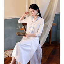 Improved Hanfu Chinese Style 2021 Spring Women Chinese Cheongsam Ethnic Style Tea Clothes Zen Vintage Embroidery Dress