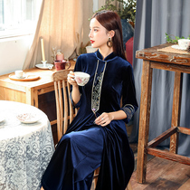 Golden velvet cheongsam set fashion two-piece set 2021 autumn and winter New Age temperament middle-aged mother retro womens clothing