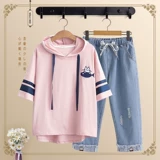 Милая летняя одежда, футболка с коротким рукавом для школьников с капюшоном, для средней школы, подходит для подростков, 12-15 лет