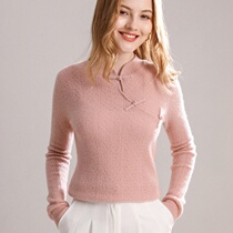 Autumn and winter New 100% pure mountain cashmere sweater women Chinese style buckle retro short long sleeve sweater base knitting