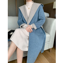 Autumn and winter New hooded belt double-sided cashmere coat womens wool double-colored tweed coat Korean version loose