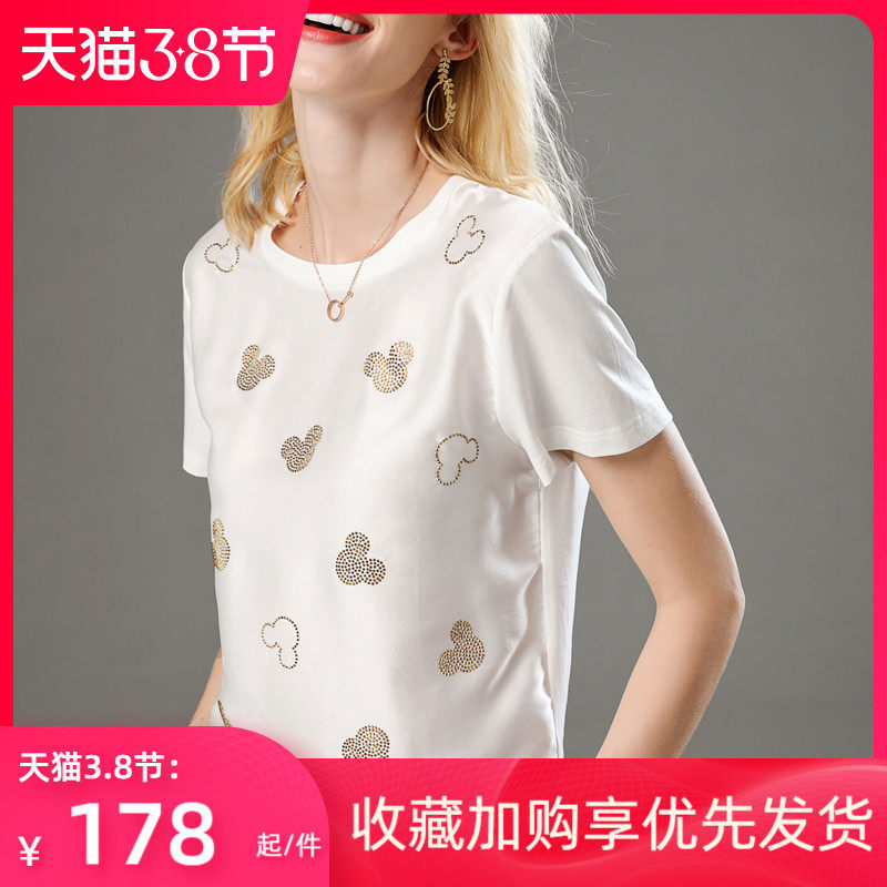 20 new summer golden mouse hot drill silk patchwork cotton T-shirt simple breathable mulberry silk short sleeves round neck half sleeves women