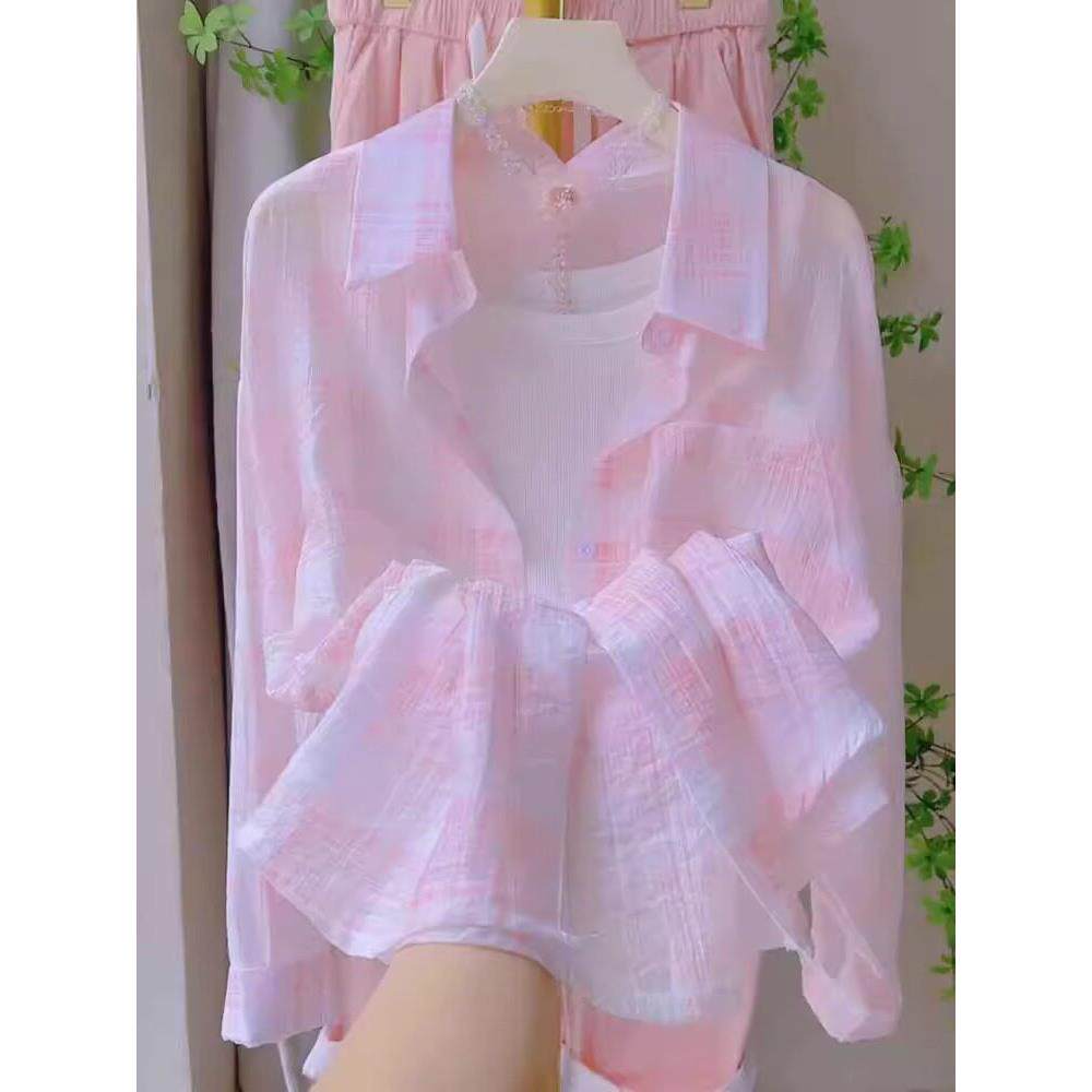 粉色长袖防晒衣格子衬衫女2026夏季新款时尚漂亮轻薄透气衬0423e