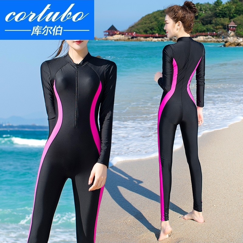 Professional long-sleeved sunscreen swimsuit women's one-piece conservative sports slim slim long pants Large size quick-drying Korean ins tide