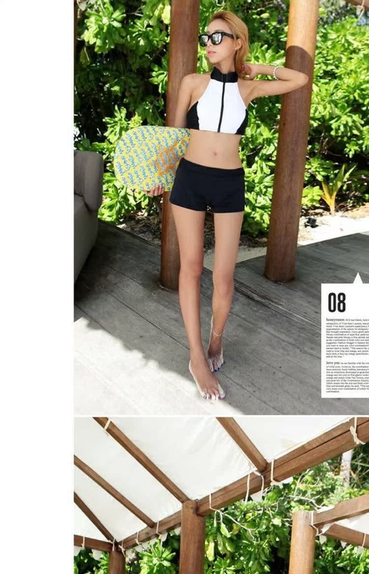 CORTUBO2016 đồ bơi mới dành cho nữ thể thao cổ cao màu đen và trắng xẻ boxer bikini 3 mảnh set đồ bơi suối nước nóng - Bikinis áo tắm hai mảnh