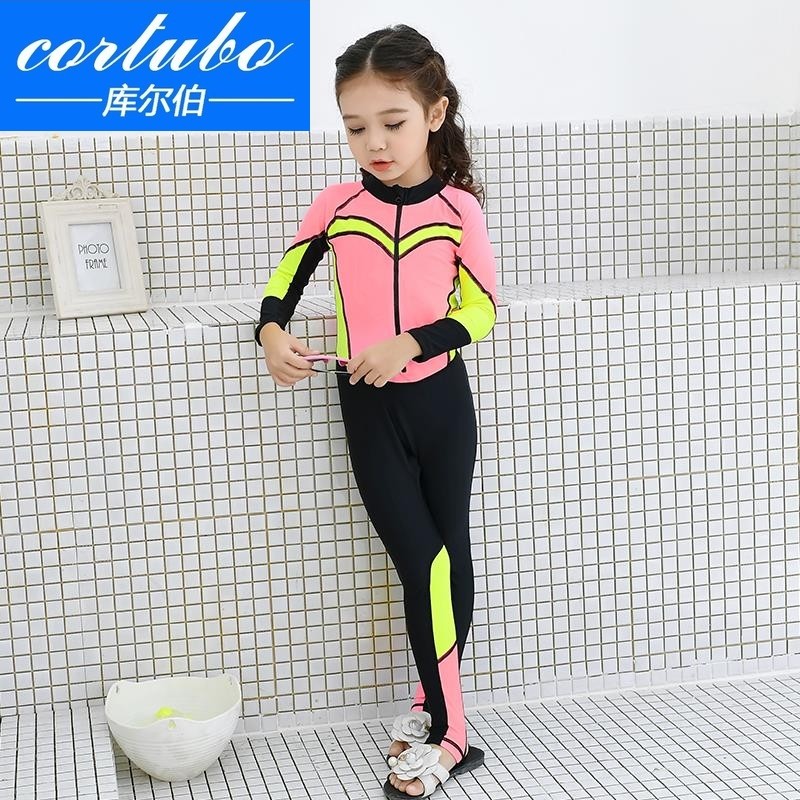 CORTUBO children's swimsuit girl big boy quick-drying one-piece sunscreen long-sleeved trousers swimsuit waterproof female diving