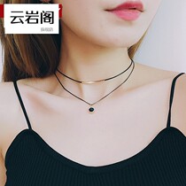 Korean double layer pendant necklace collar female choker short leather rope clavicle necklace plated 18K color gold neck strap