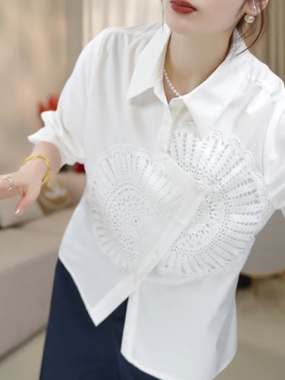 重工绣花设计感小众衬衫新款2025春秋大码不规则下摆长袖百搭衬衣