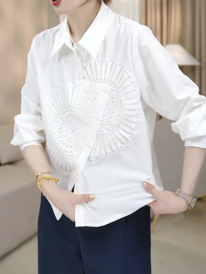 重工绣花设计感小众衬衫新款2025春秋大码不规则下摆长袖百搭衬衣