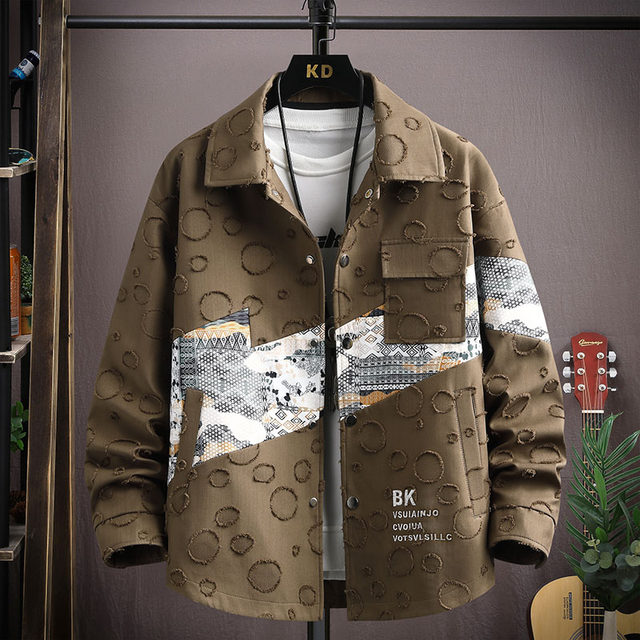 Waffle jacket men's spring and autumn new trendy brand print contrasting color stitching casual workwear jacket teen men's outerwear