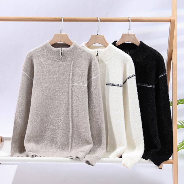 Half-Zip Stand-Up Collar Knit Sweater for Men, Winter 2025 New Trendy Brand Color-Blocking Loose Casual Warm Lazy Style Sweater