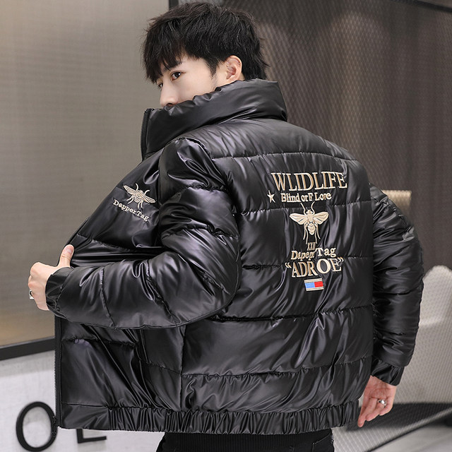 New Men's Cotton Coat with Shiny Leather, Winter Jacket, Trendy Stand-Up Collar, Waterproof, Thick, Short down Cotton Jacket, Youth Cotton-Padded Jacket